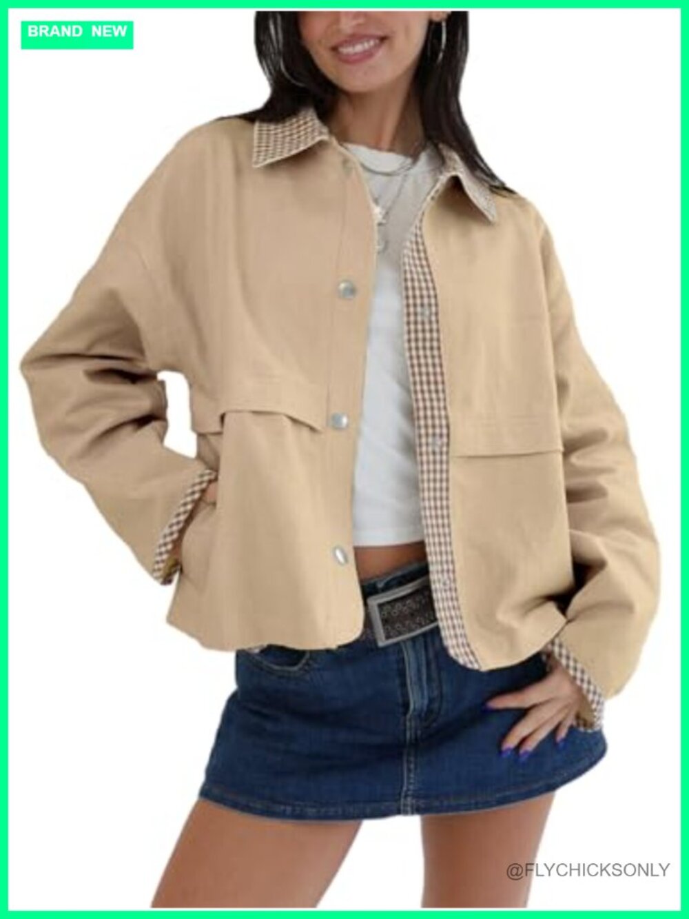 Women's Gingham Cropped Trench Coat Lightweight Lapel Casual Jacket